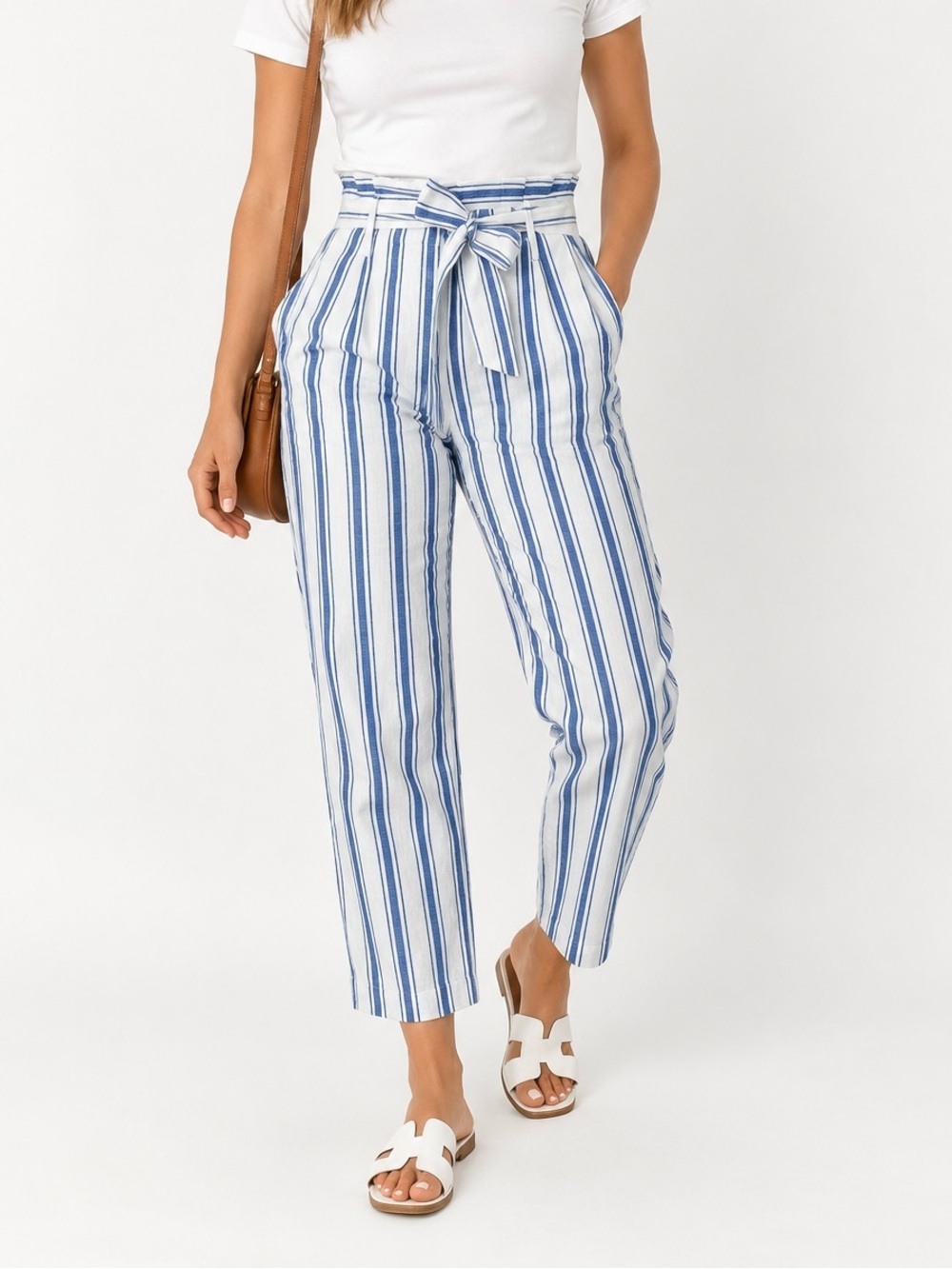 Boden Blue and White Striped Paperbag Waist Straight-Leg Pants